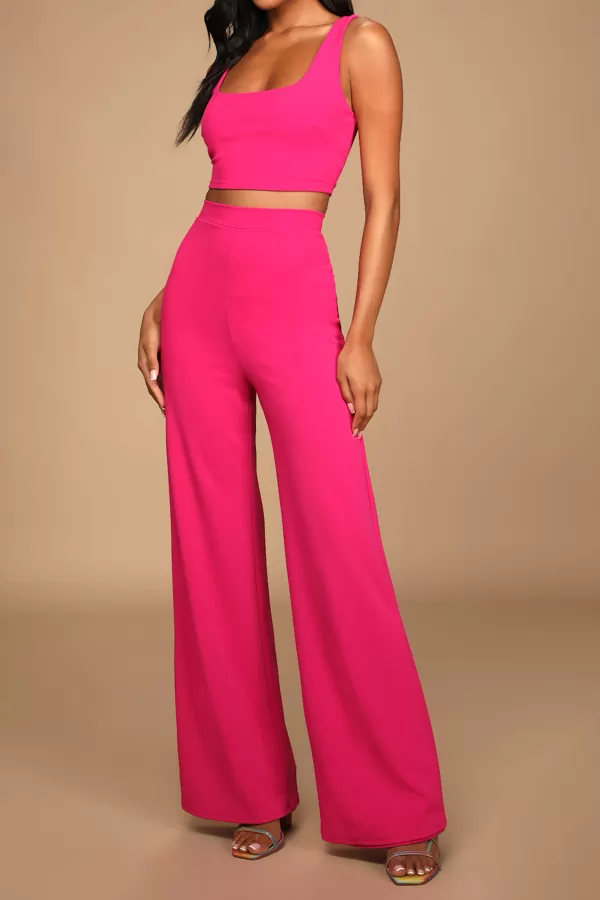 Fosforlu Pembe Dalgıç Kumaş Pantolon Bluz Kadın İkili Takım