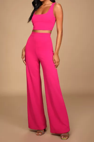 Fosforlu Pembe Dalgıç Kumaş Pantolon Bluz Kadın İkili Takım