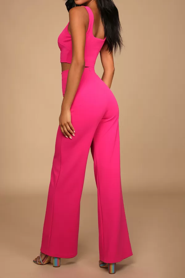 Fosforlu Pembe Dalgıç Kumaş Pantolon Bluz Kadın İkili Takım