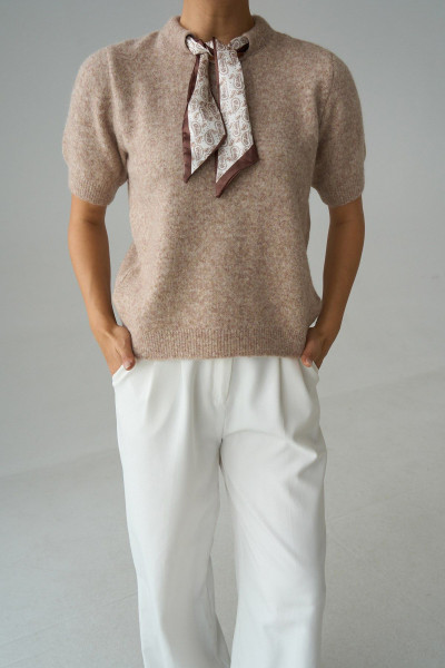 Fular Detaylı Kısa Kollu Bej Yünlü Kadın Kazak