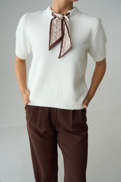 Fular Detaylı Kısa Kollu Ekru Yünlü Kadın Kazak