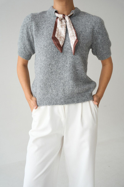 Fular Detaylı Kısa Kollu Gri Yünlü Kadın Kazak