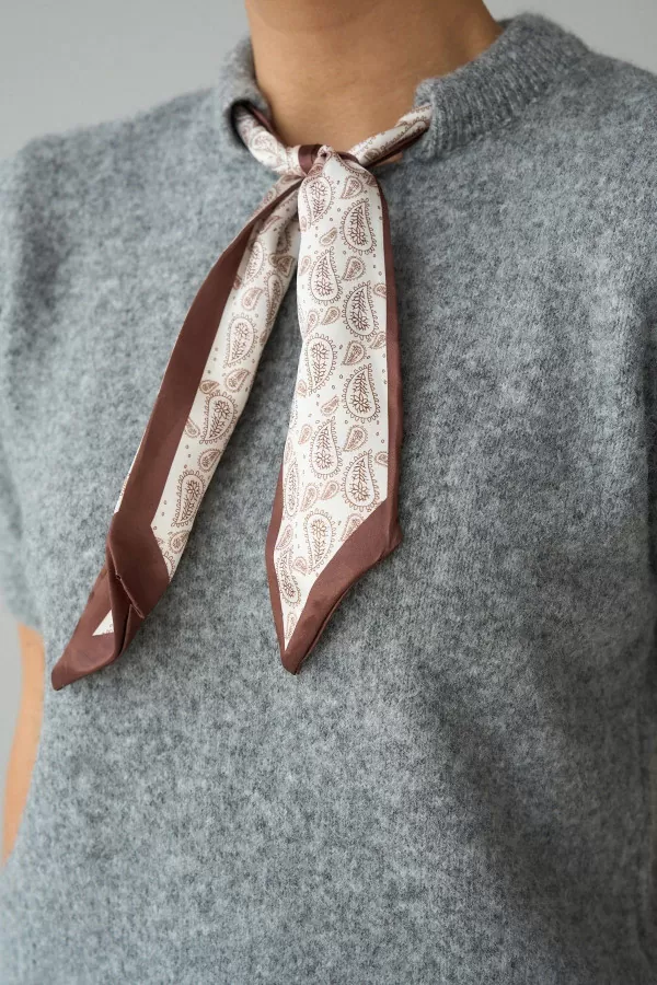 Fular Detaylı Kısa Kollu Gri Yünlü Kadın Kazak