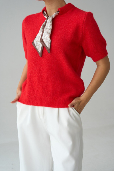 Fular Detaylı Kısa Kollu Kırmızı Yünlü Kadın Kazak