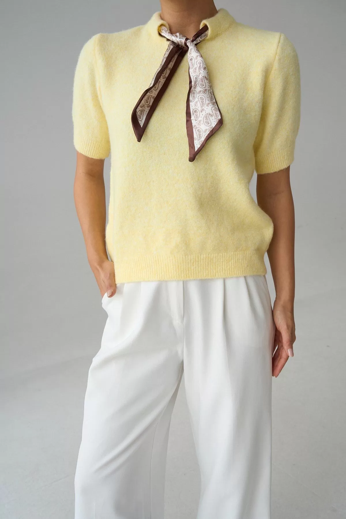 Fular Detaylı Kısa Kollu Sarı Yünlü Kadın Kazak