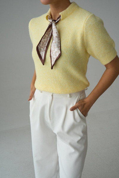 Fular Detaylı Kısa Kollu Sarı Yünlü Kadın Kazak