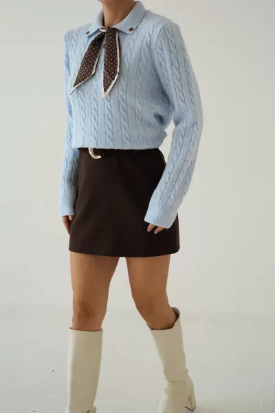 Fular Detaylı Uzun Kollu Bebe Mavi Triko Kadın Kazak