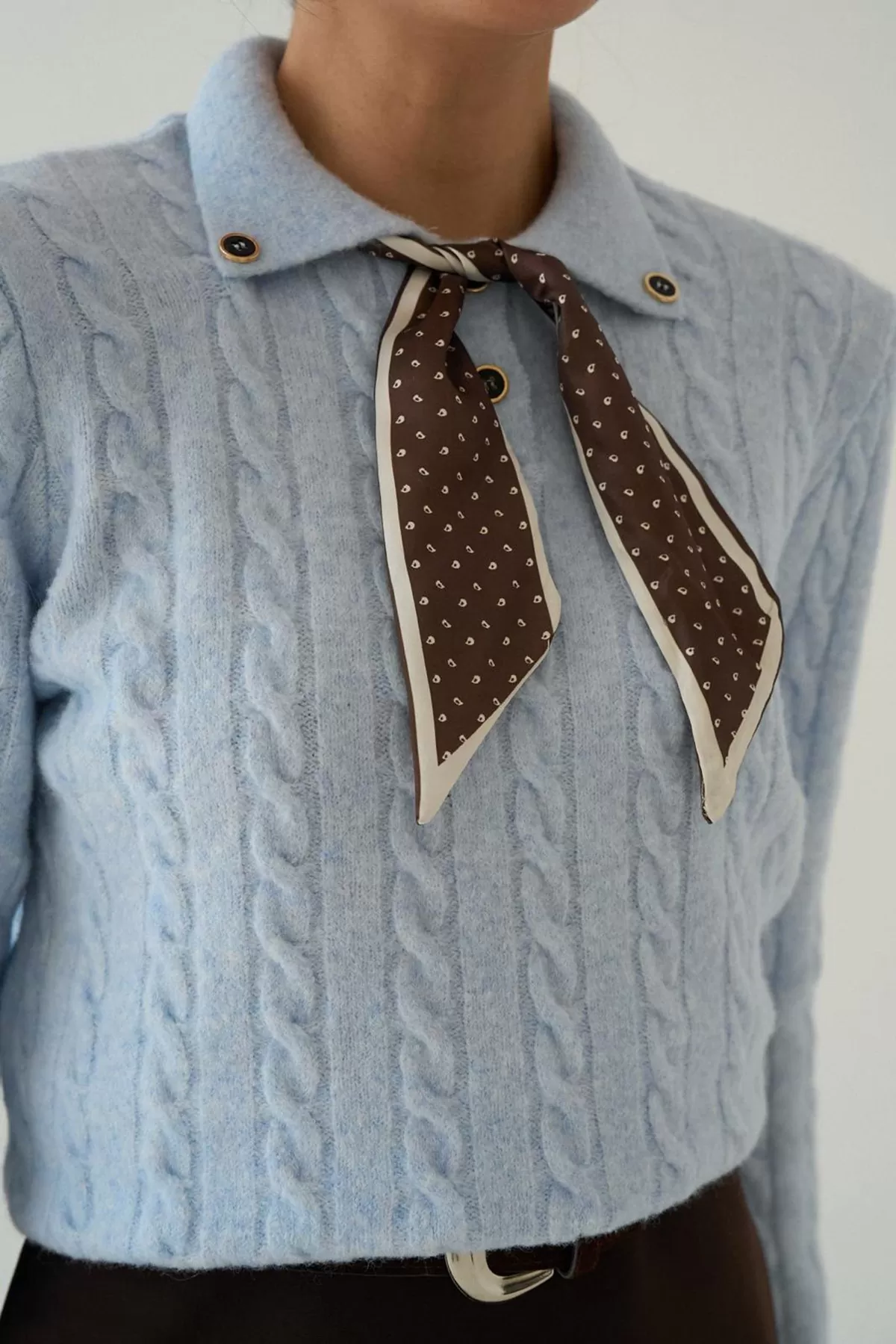 Fular Detaylı Uzun Kollu Bebe Mavi Triko Kadın Kazak