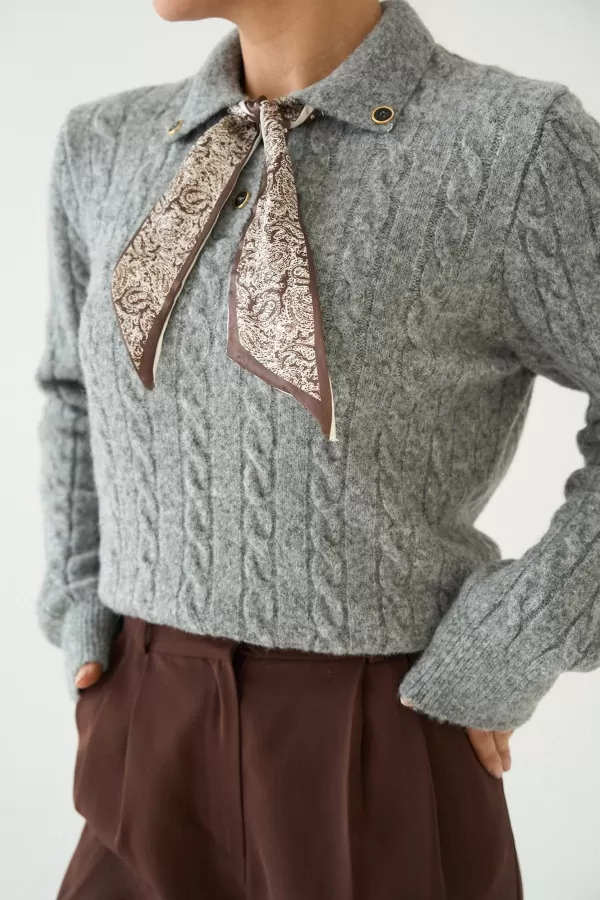 Fular Detaylı Uzun Kollu Gri Triko Kadın Kazak