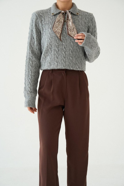 Fular Detaylı Uzun Kollu Gri Triko Kadın Kazak