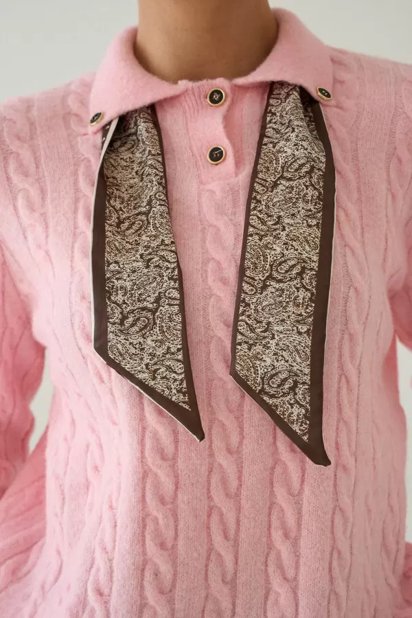 Fular Detaylı Uzun Kollu Pembe Triko Kadın Kazak