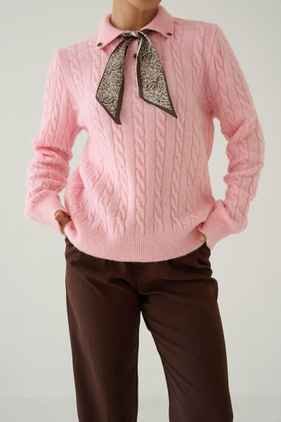 Fular Detaylı Uzun Kollu Pembe Triko Kadın Kazak