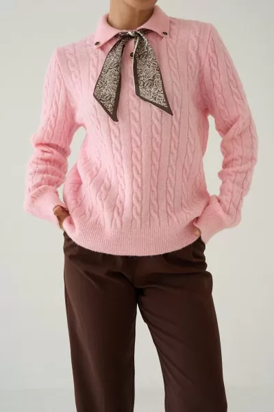Fular Detaylı Uzun Kollu Pembe Triko Kadın Kazak