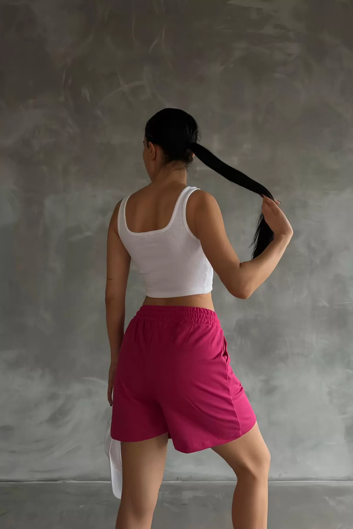 Fuşya Beyaz Şort Crop Kadın Alt Üst Takım