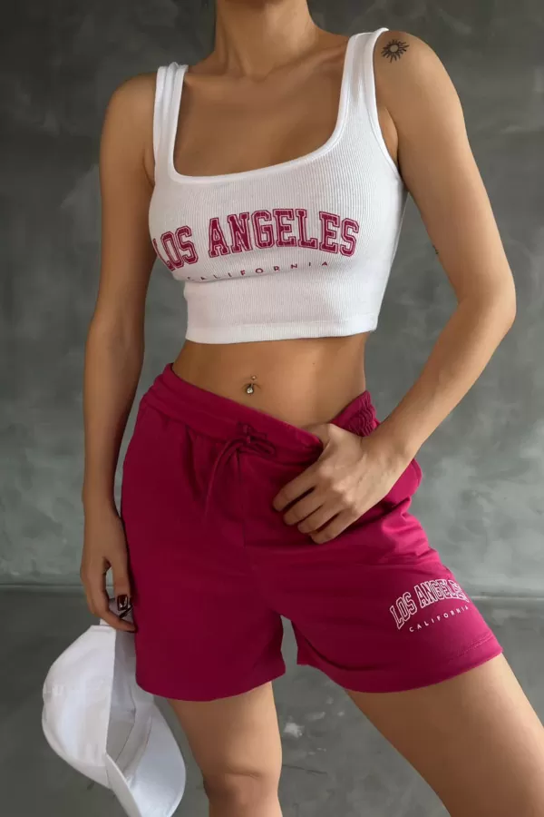 Fuşya Beyaz Şort Crop Kadın Alt Üst Takım