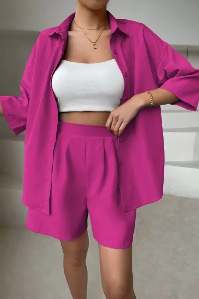 Fuşya Gömlek Şort Kadın İkili Takım
