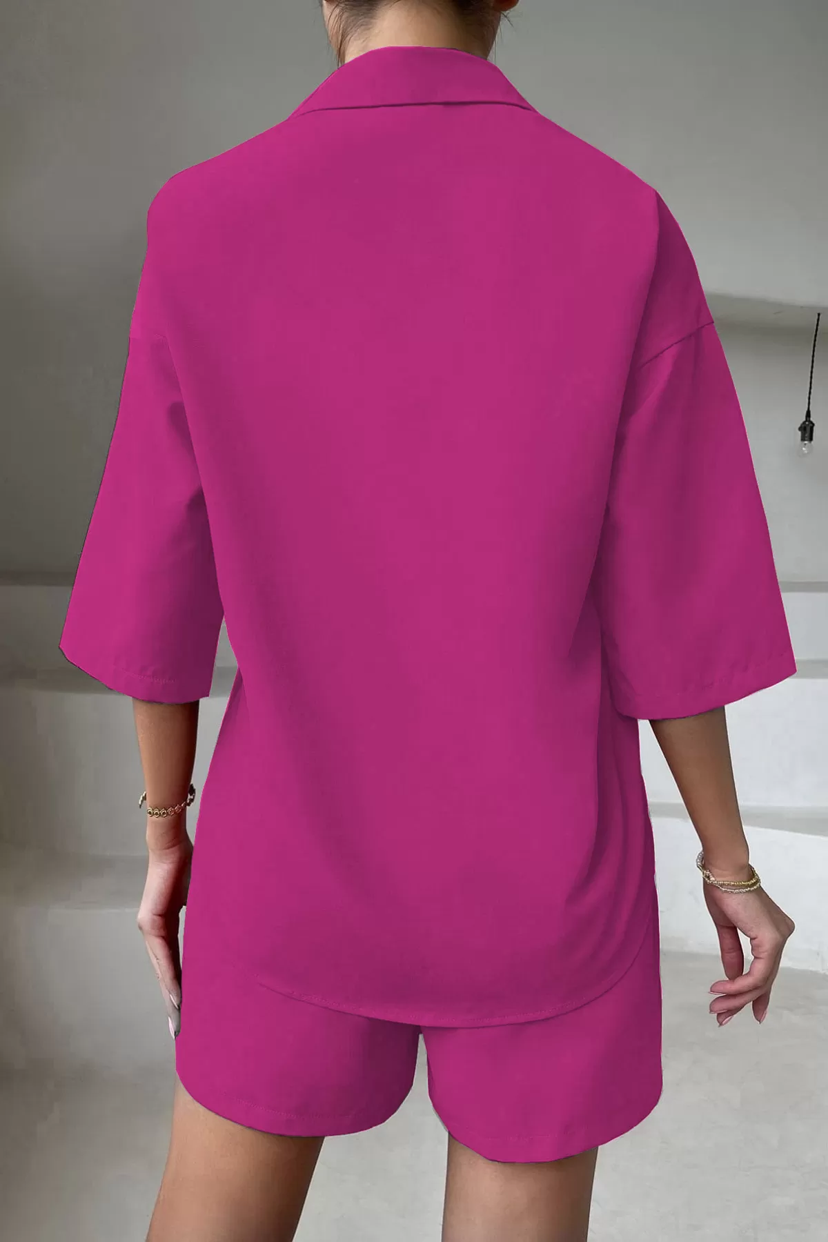 Fuşya Gömlek Şort Kadın İkili Takım