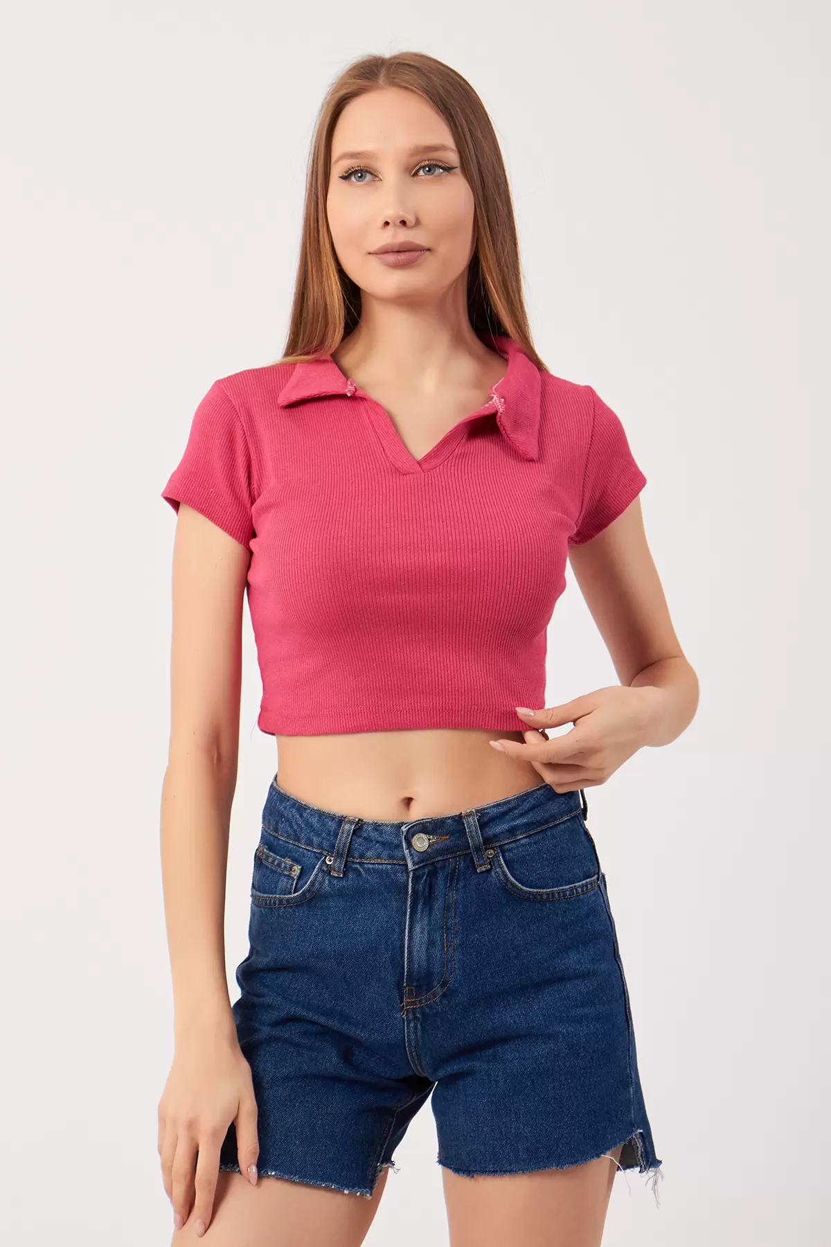 Fuşya Pamuklu Kaşkorse Crop Bluz