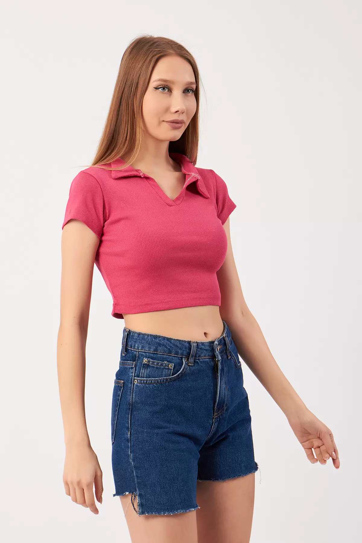 Fuşya Pamuklu Kaşkorse Crop Bluz