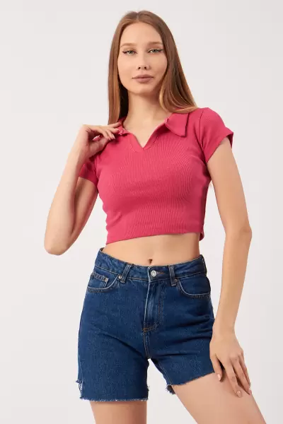 Fuşya Pamuklu Kaşkorse Crop Bluz