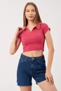 Mor Pamuklu Kaşkorse Crop Bluz