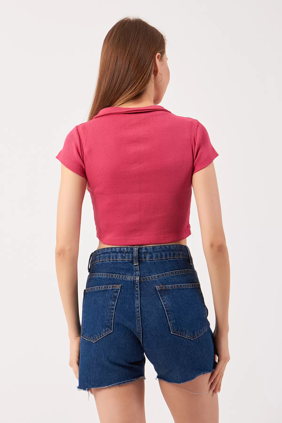 Fuşya Pamuklu Kaşkorse Crop Bluz