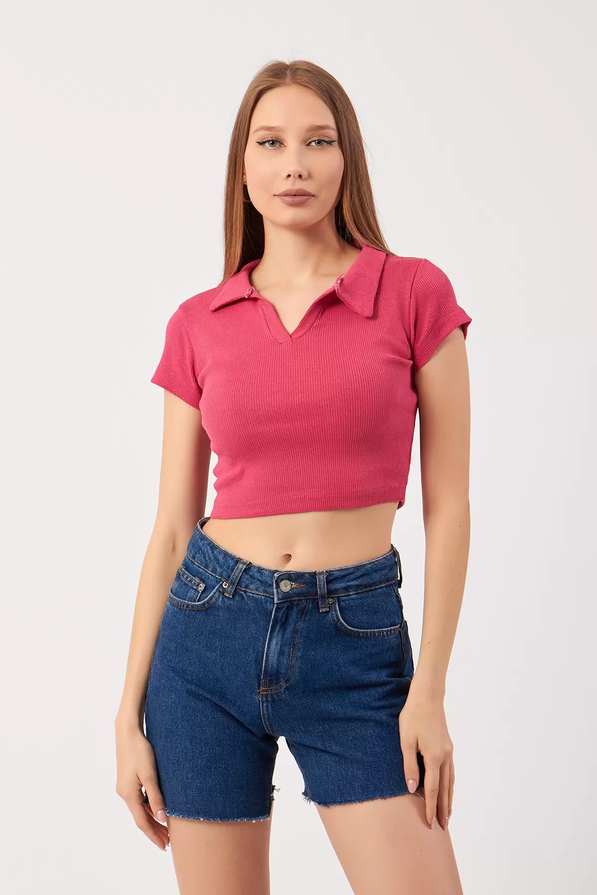 Fuşya Pamuklu Kaşkorse Crop Bluz