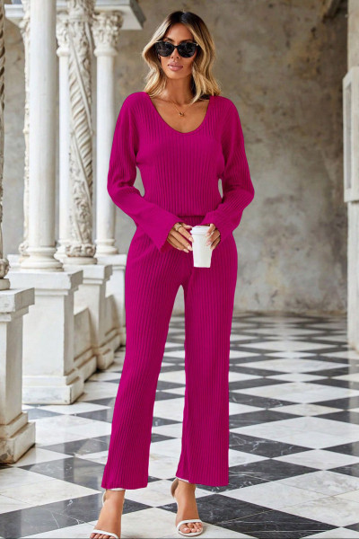 Fuşya V Yaka Bluz Pantolon Kadın Alt Üst Takım