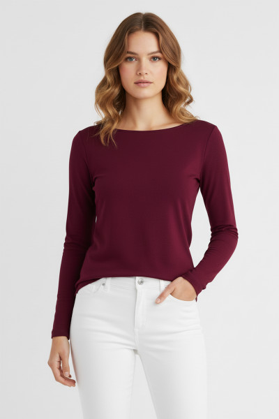 Geniş Yaka Bordo Modal Basic Kadın Bluz