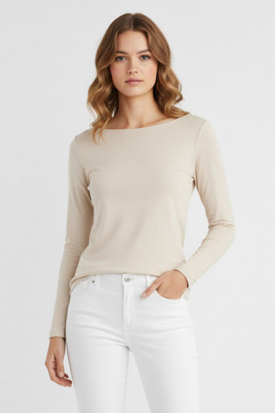 Geniş Yaka Ekru Modal Basic Kadın Bluz