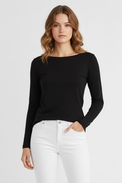 Geniş Yaka Siyah Modal Basic Kadın Bluz