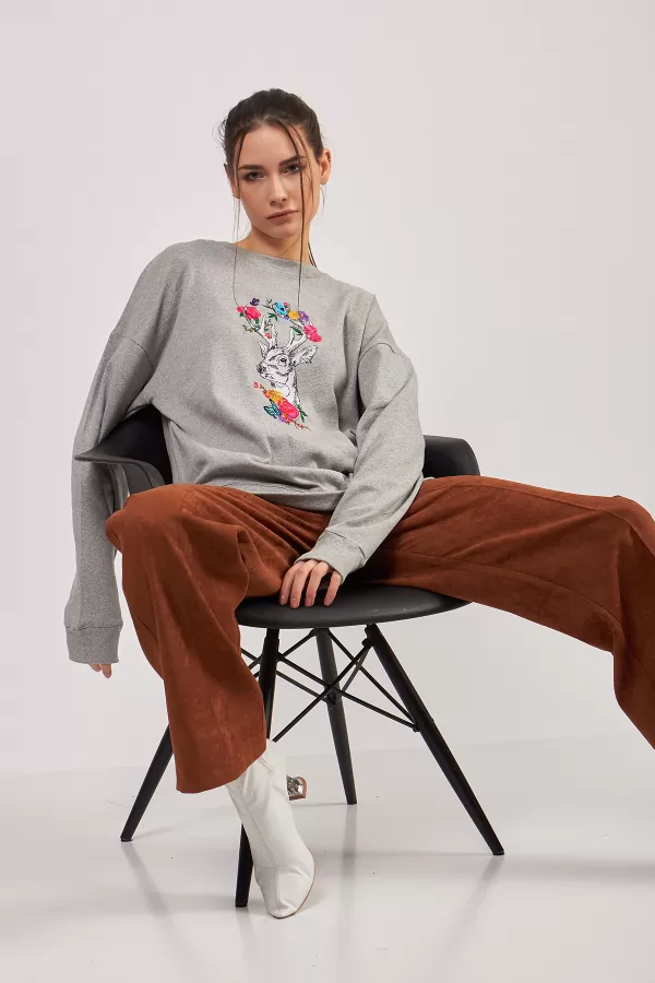 Geyik Nakışlı Grimelanj Kadın Sweatshirt