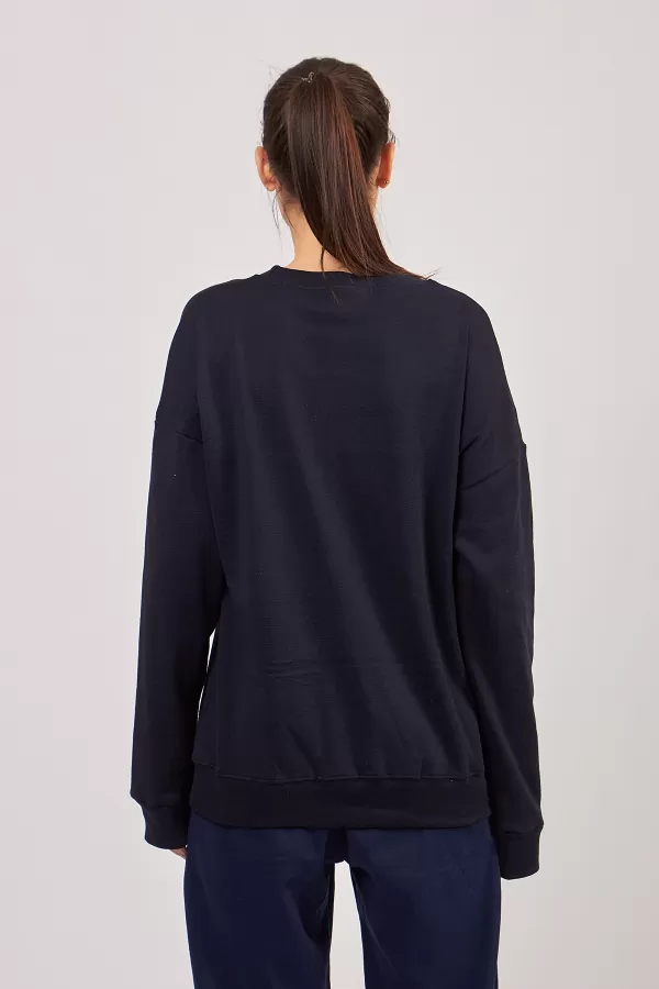 Geyik Nakışlı Koyu Lacivert Kadın Sweatshirt