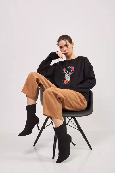 Geyik Nakışlı Siyah Kadın Sweatshirt