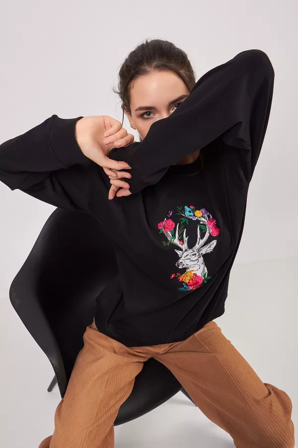 Geyik Nakışlı Siyah Kadın Sweatshirt