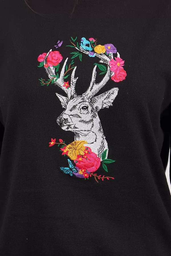 Geyik Nakışlı Siyah Kadın Sweatshirt