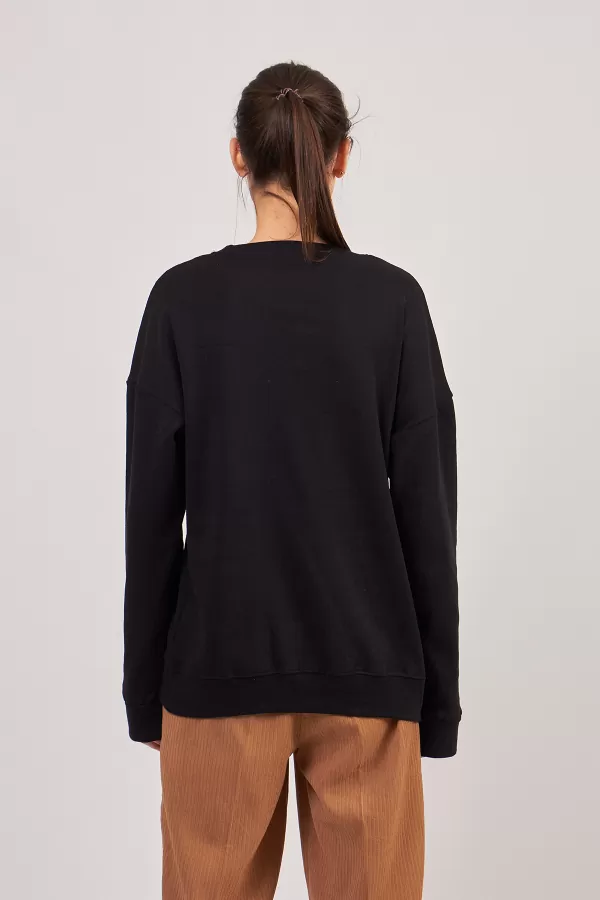 Geyik Nakışlı Siyah Kadın Sweatshirt