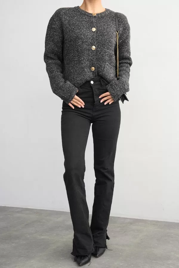 Gold Düğmeli Kırçıllı Antrasit Kadın Hırka