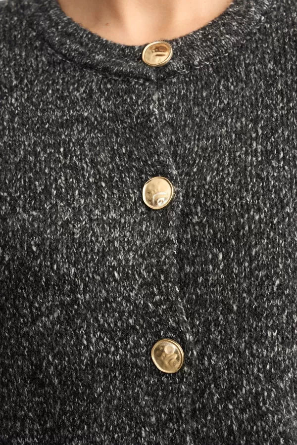 Gold Düğmeli Kırçıllı Antrasit Kadın Hırka