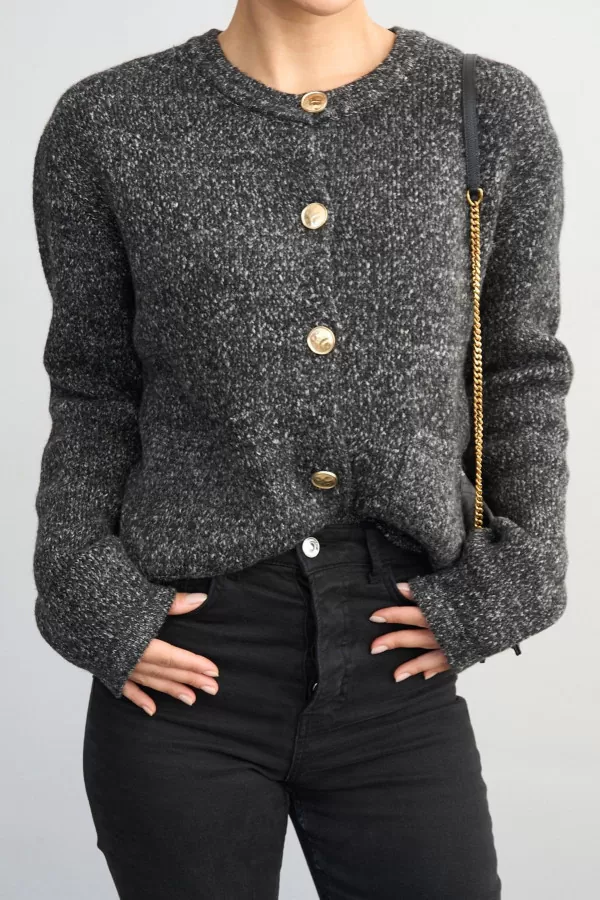 Gold Düğmeli Kırçıllı Antrasit Kadın Hırka