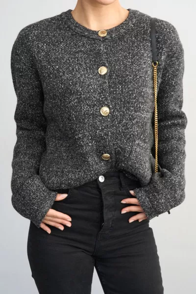 Gold Düğmeli Kırçıllı Antrasit Kadın Hırka