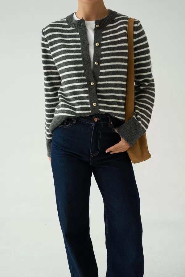 Gold Düğmeli Krem Antrasit Çizgili Triko Kadın Hırka