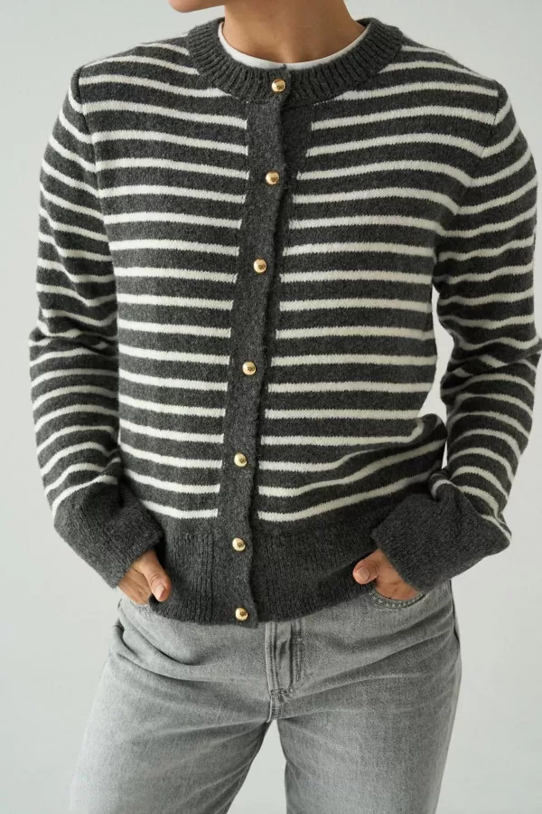 Gold Düğmeli Krem Antrasit Çizgili Triko Kadın Hırka