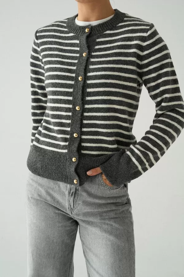 Gold Düğmeli Krem Antrasit Çizgili Triko Kadın Hırka