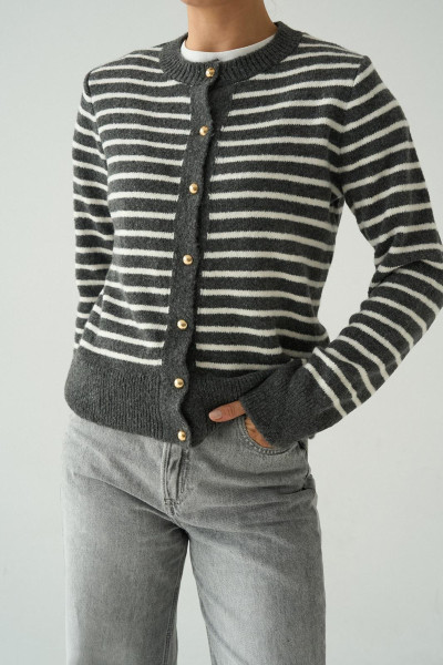 Gold Düğmeli Krem Antrasit Çizgili Triko Kadın Hırka