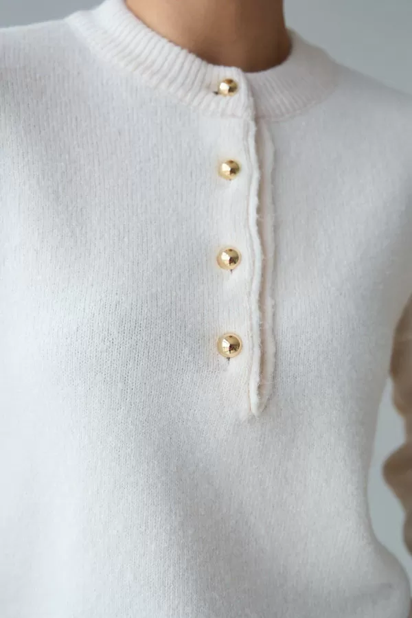 Gold Düğmeli Krem Pamuklu Kadın Kazak