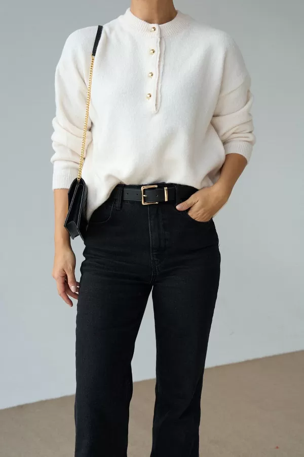 Gold Düğmeli Krem Pamuklu Kadın Kazak