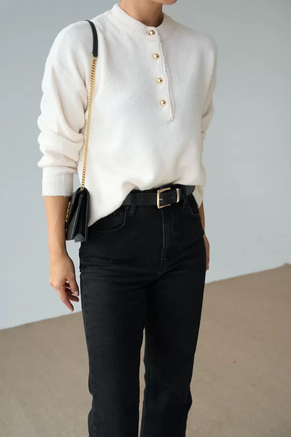 Gold Düğmeli Krem Pamuklu Kadın Kazak