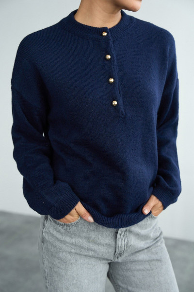 Gold Düğmeli Lacivert Pamuklu Kadın Kazak