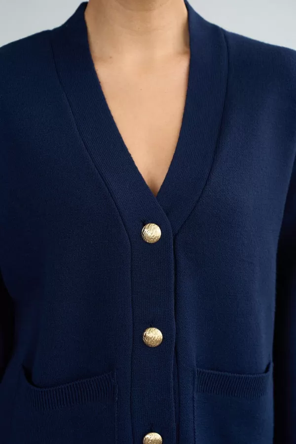 Gold Düğmeli Lacivert Triko Kadın Hırka